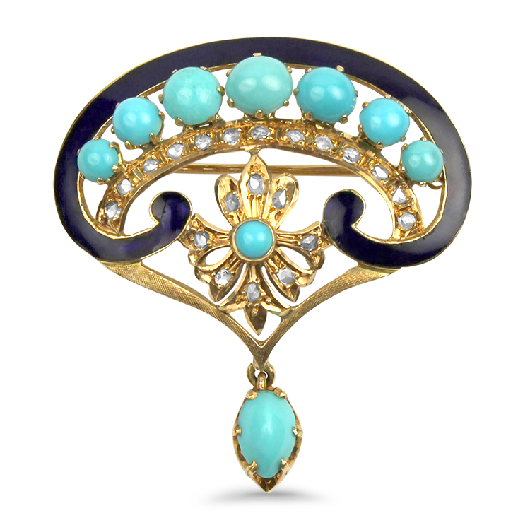 14K Yellow Gold Victorian Brooch/Pin with Turquoise and Seed Pearls -  Colonial Trading Company
