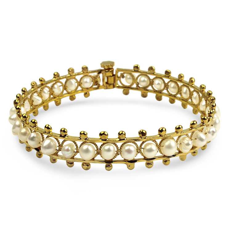 Pearl open popular bangle bracelet 22 x 7mm pearls gold tone wire setting