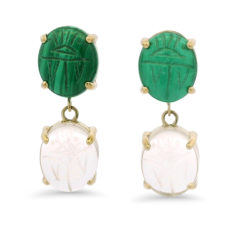 1870 Collection Earring 1870 Collection 14k Yellow Gold Malachite & Quartz Scarab Drop Earrings