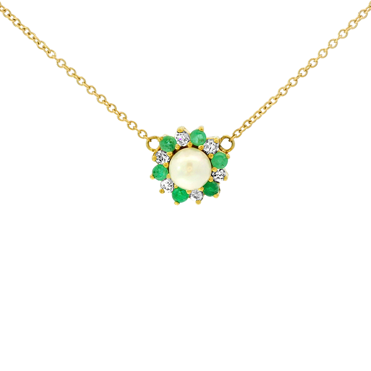 1870 Collection Necklaces and Pendants 1870 Collection 14k Yellow Gold Pearl, Diamond, and Emerald Starburst Necklace