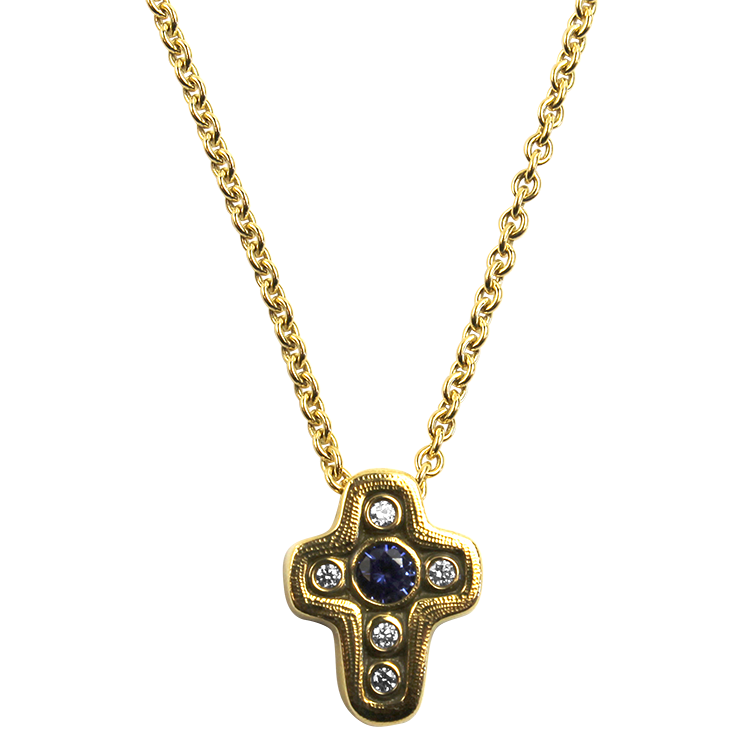 Alex Sepkus Necklaces and Pendants Alex Sepkus 18k Yellow Gold Blue Sapphire and Diamond Cross Necklace