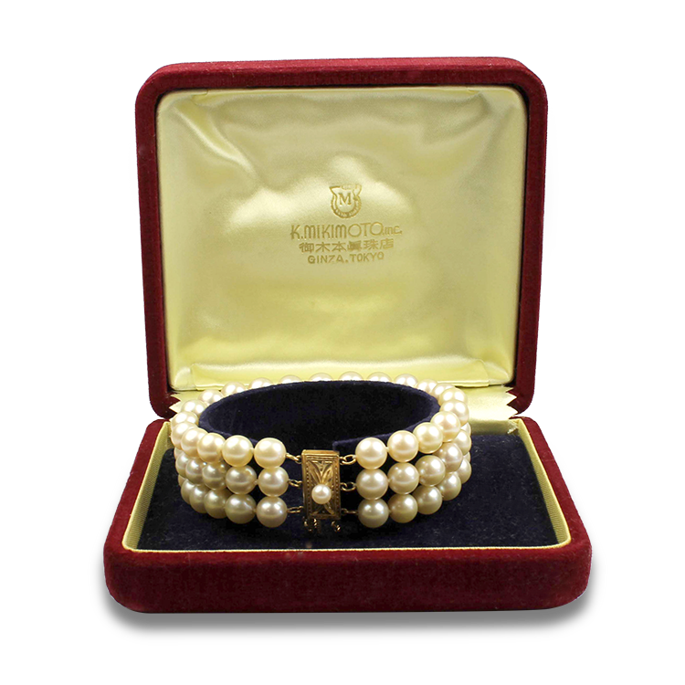 Estate Mikimoto Bracelet Mikimoto Estate 14k Yellow Gold Vintage 3-Strand Pearl Bracelet