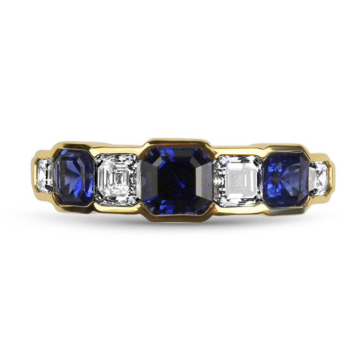 Mark Henry Ring Mark Henry 18k Yellow Gold Asscher Cut Sapphire and Diamond Alternating Band 6.75