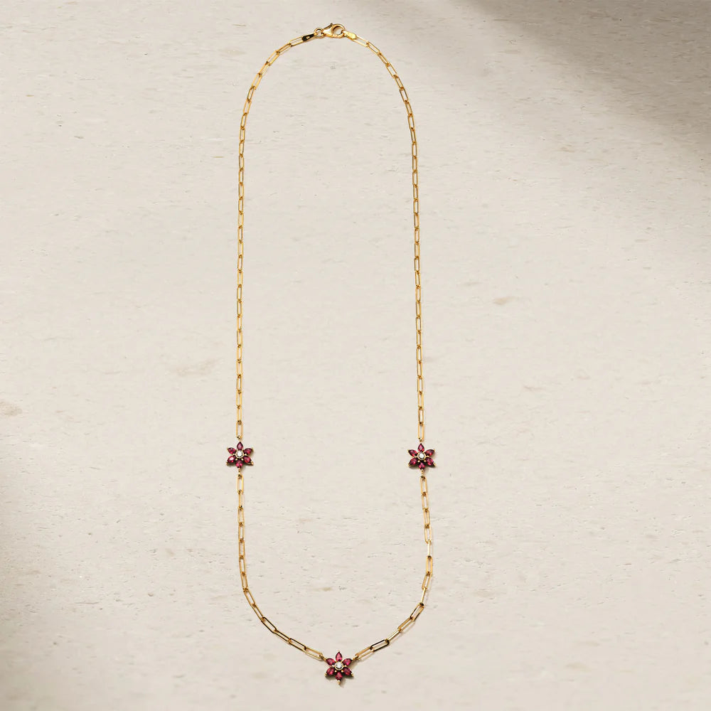 Mark Henry Necklaces and Pendants Mark Henry 18k Yellow Gold Daffodil Garden Ruby and Diamond Station Necklace