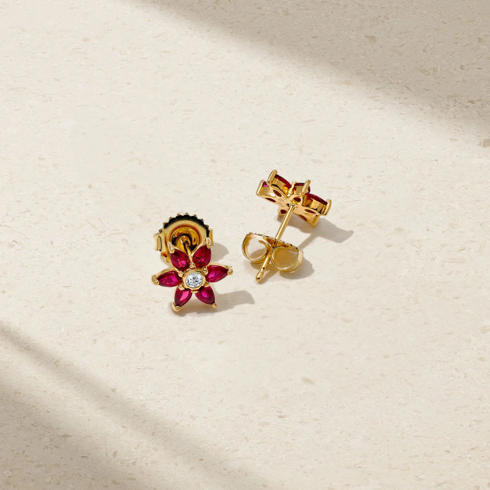 Mark Henry Earrings Mark Henry 18k Yellow Gold Daffodil Garden Ruby and Diamond Stud Earrings