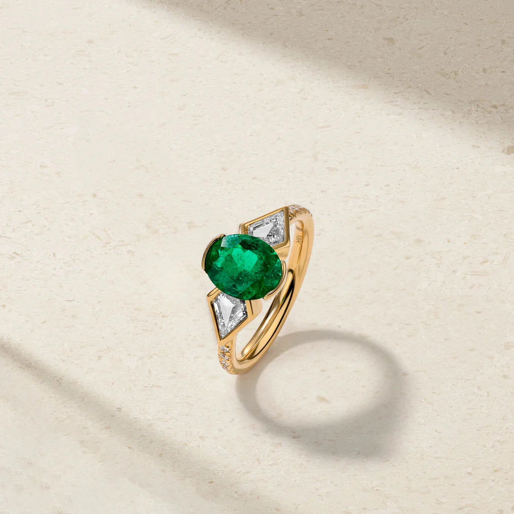 Mark Henry Ring Mark Henry 18k Yellow Gold Oval Colombian Emerald and Diamond Ring