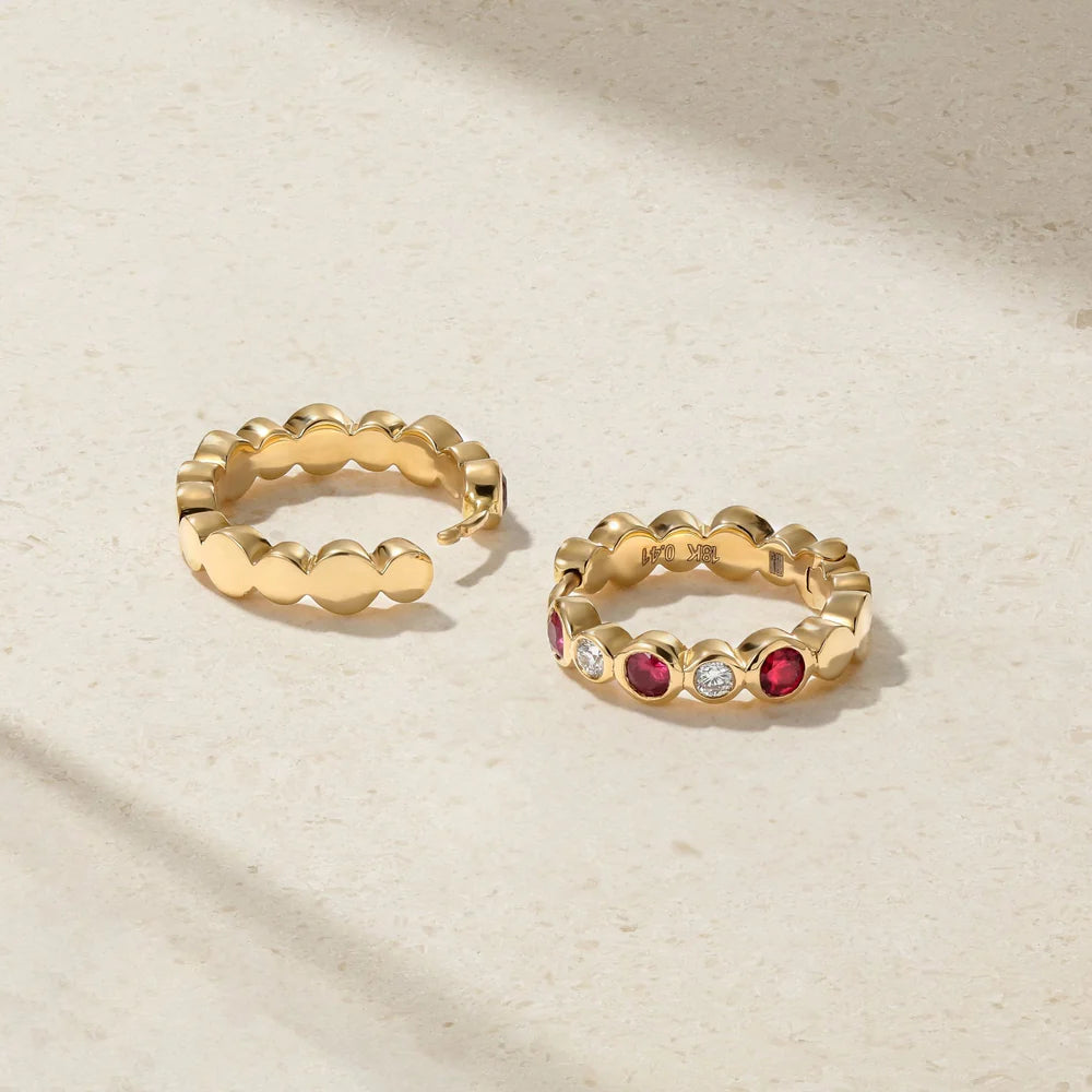 Mark Henry Earrings Mark Henry 18k Yellow Gold Pair of Bubbly Ruby and Diamond Mini Hoop Earrings