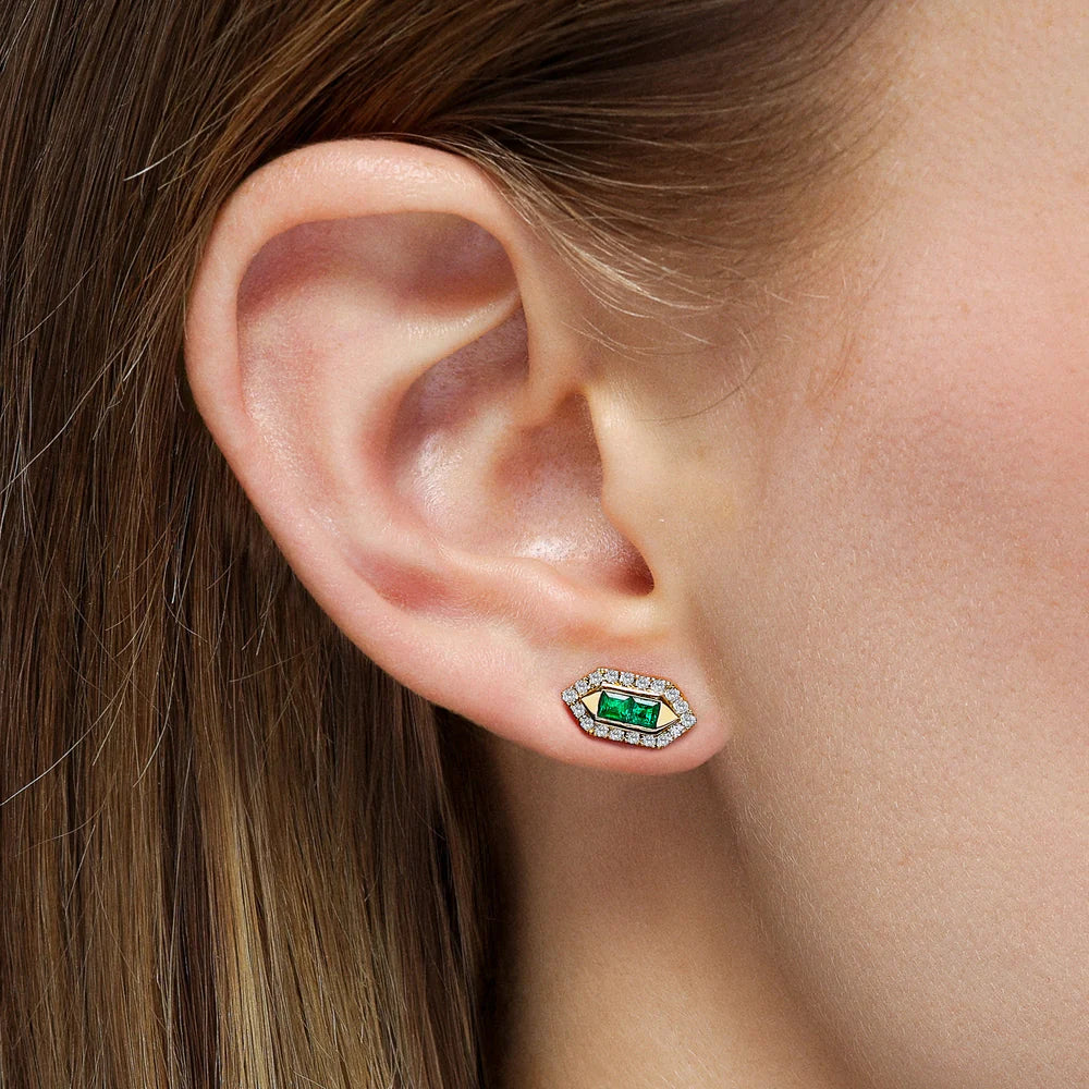 Mark Henry Earrings Mark Henry 18k Yellow Gold Pair of Pharaoh Emerald and Diamond Stud Earrings