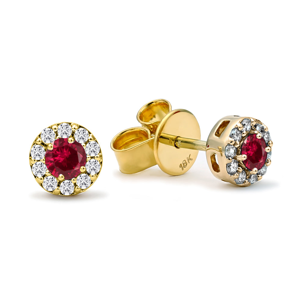 Mark Henry Earrings Mark Henry 18k Yellow Gold Petite Solitaire Ruby and Diamond Halo Stud Earrings