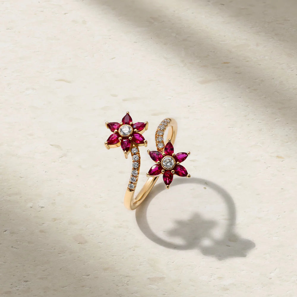 Mark Henry Ring Mark Henry 18k Yellow Gold Ruby and Diamond Daffodil Garden Twin Ring