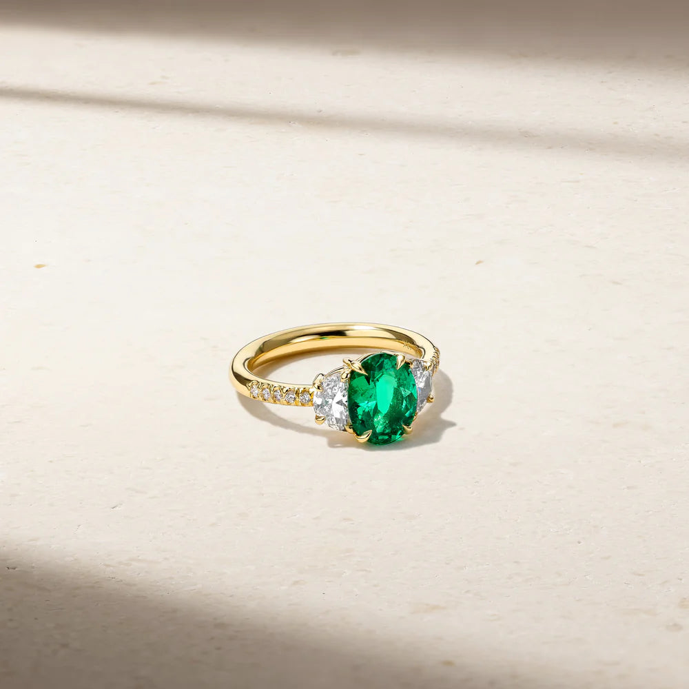 Mark Henry Ring Mark Henry Nouveau Three Stone 18k Yellow Gold Oval Emerald and Diamond Ring