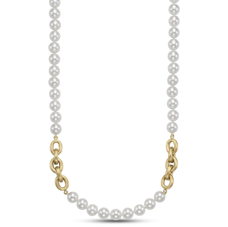 Mastoloni Necklaces and Pendants Mastoloni 14k Yellow Gold Freshwater Pearl and Textured Link Necklace