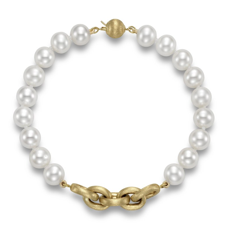 Mastoloni Bracelet Mastoloni 14k Yellow Gold White Freshwater Pearl and Textured Link Bracelet