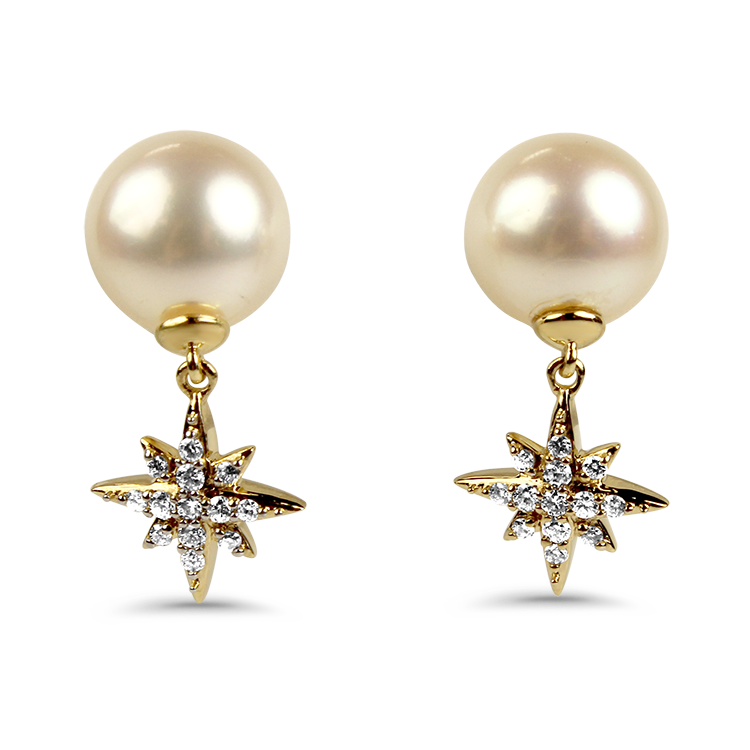 Mastoloni Earring Mastoloni 18k Yellow Gold Pearl and Diamond Star Drop Earrings