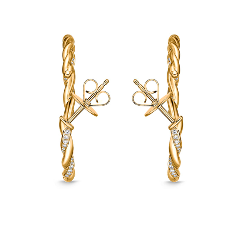 Memoire Earrings Memoire Vine Twisted Pave 18k Yellow Gold Medium Diamond Hoops