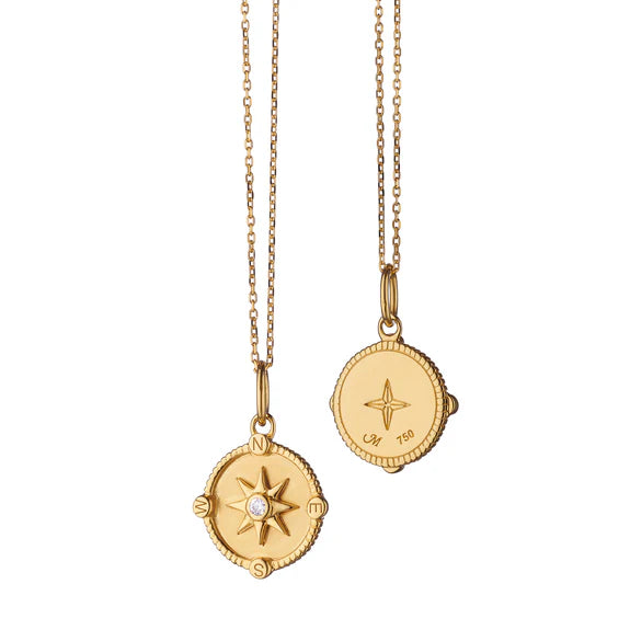 Monica Rich Kosann Necklaces and Pendants Monica Rich Kosann 18K Yellow Gold Mini Travel Compass Charm with Center Bezel Diamond