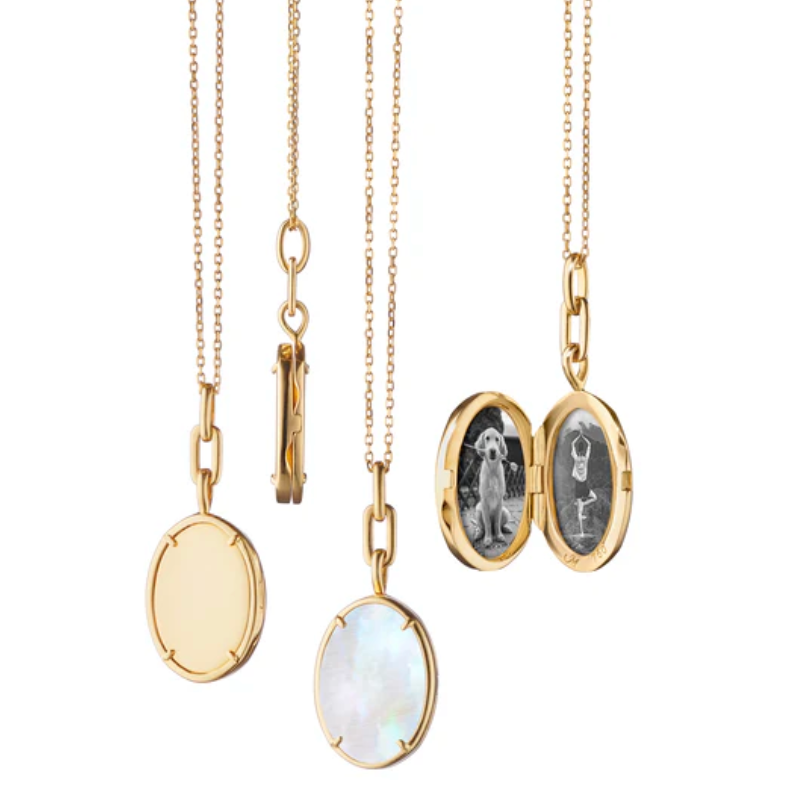 Monica Rich Kosann Necklaces and Pendants Monica Rich Kosann 18K Yellow Gold Oval Elle Slim Locket with White Mother of Pearl Stone Slice