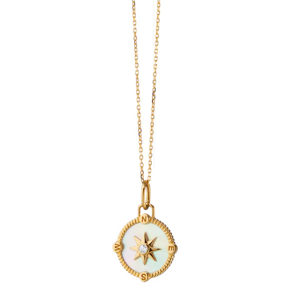 Monica Rich Kosann Necklaces and Pendants Monica Rich Kosann 18K Yellow Gold Round Mother of Pearl Adventure Compass Charm with Diamonds