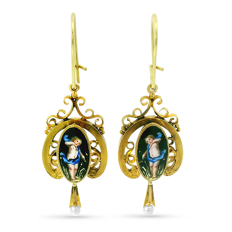 PAGE Estate Earring Antique 18k Yellow Gold Enamel Cherub Earrings