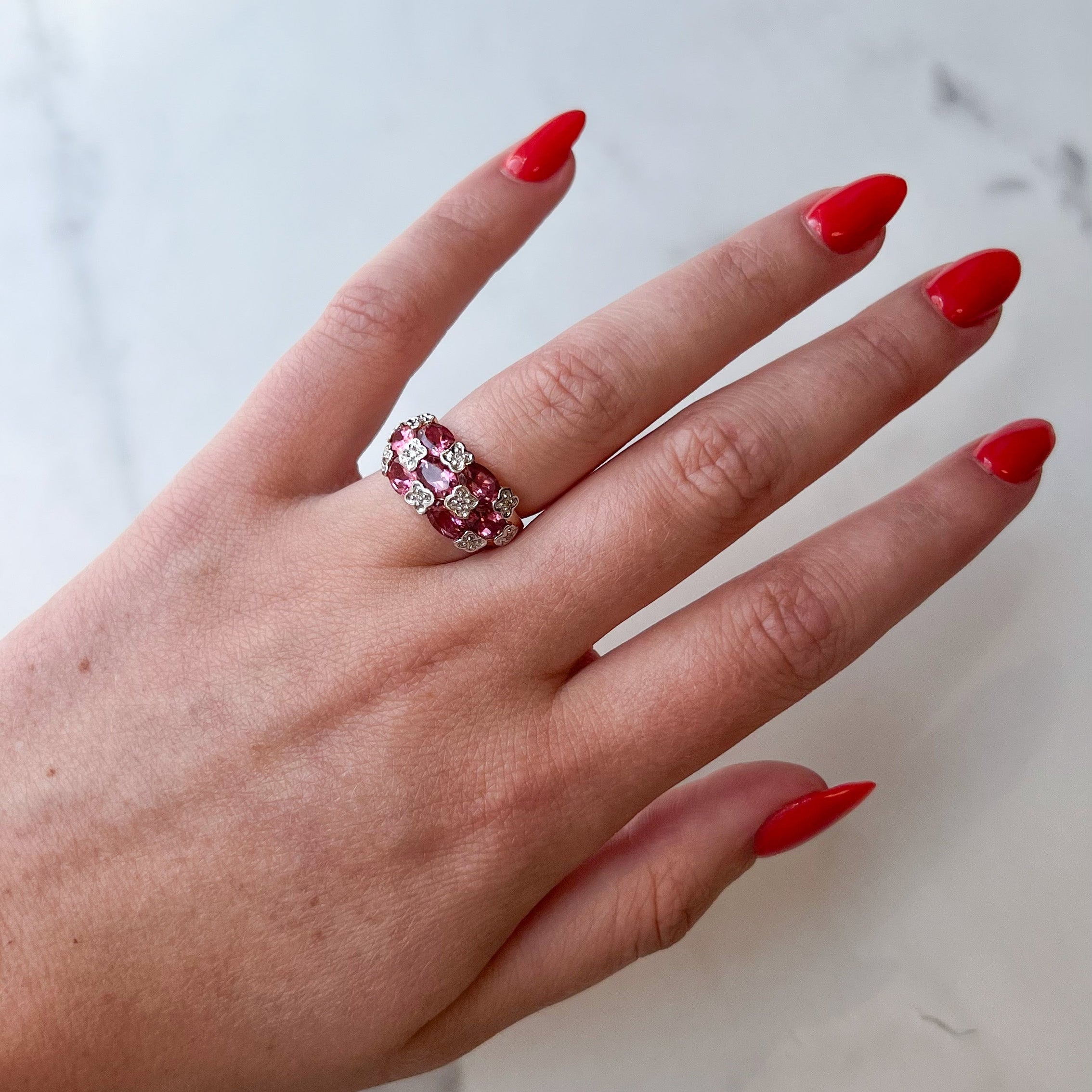 PAGE Estate Ring Estate 14K Rose and White Gold Floral Diamond and Pink Tourmaline Ring 6