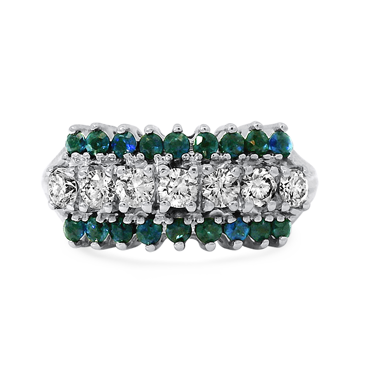 PAGE Estate Ring Estate 14k White Gold Diamond and Sapphire Three-Row Ring