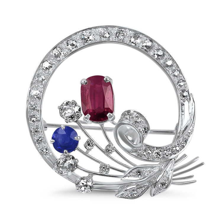 PAGE Estate Pins & Brooches Estate 14k White Gold Diamond, Ruby, and Sapphire Floral Brooch