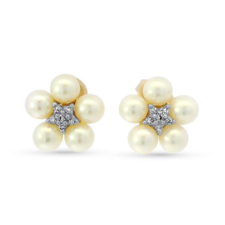 PAGE Estate Earring Estate 14k Yelllow Gold Pearl and Diamond Floral Earrings