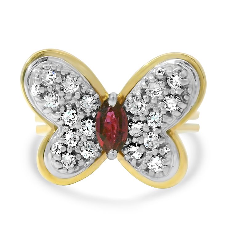 PAGE Estate Ring Estate 14k Yellow and White Gold Butterfly Diamond and Ruby Ring 6