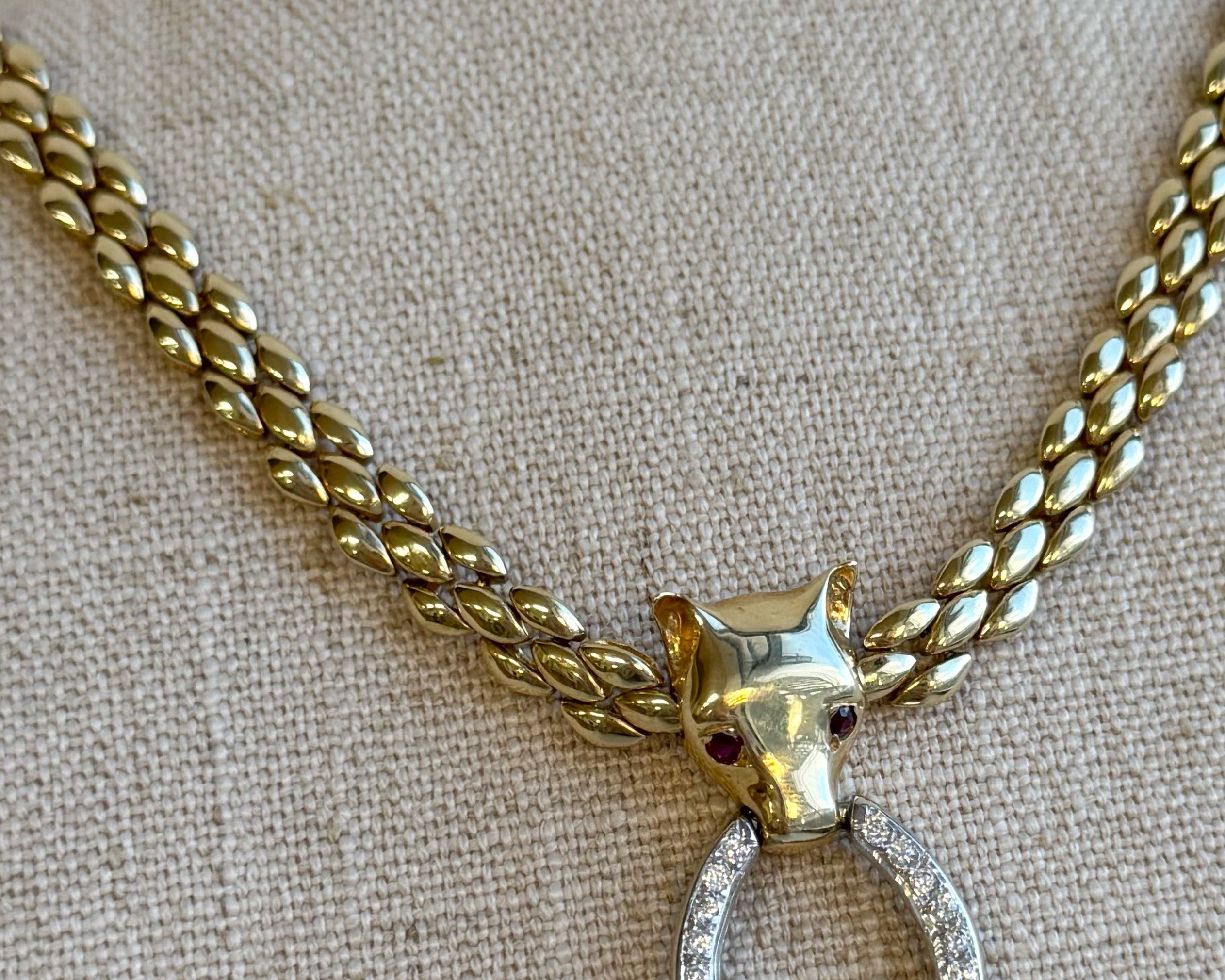 PAGE Estate Necklaces and Pendants Estate 14K Yellow and White Gold Fox and Horseshoe Panther Link Necklace