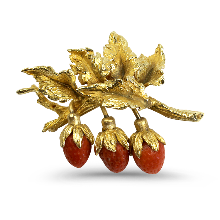 PAGE Estate Pins & Brooches Estate 14k Yellow Gold Coral Strawberry Leaf Brooch