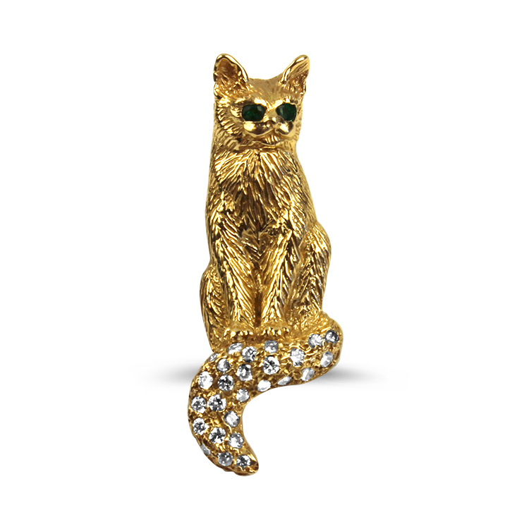 PAGE Estate Necklaces and Pendants Estate 14k Yellow Gold Diamond and Emerald Cat Pendant