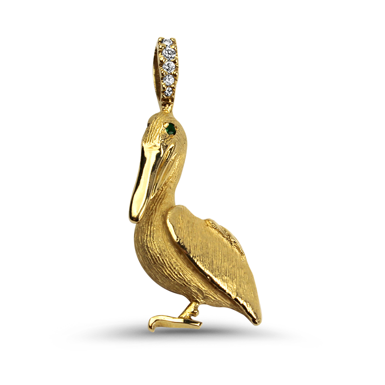 PAGE Estate Pins & Brooches Estate 14k Yellow Gold Diamond & Emerald Pelican Brooch