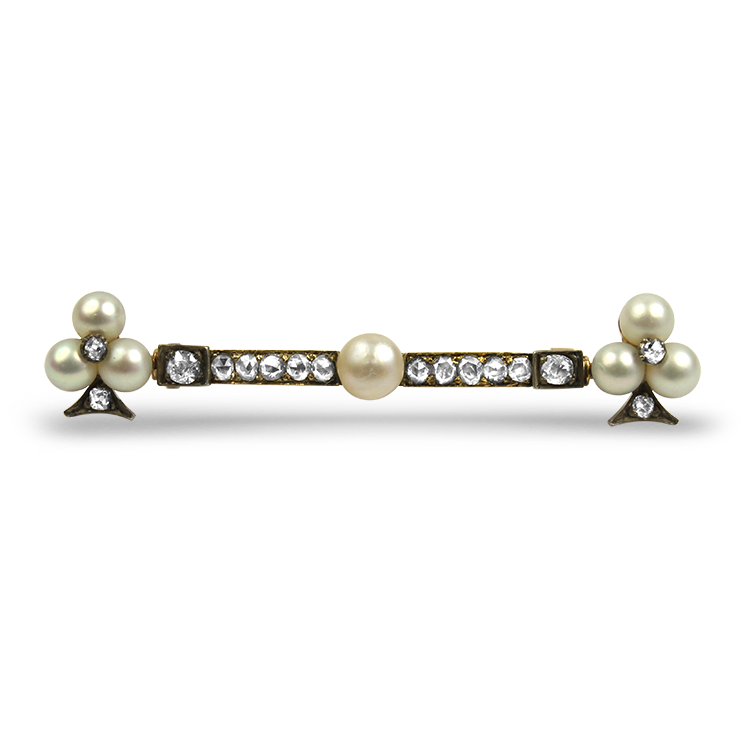 PAGE Estate Pins & Brooches Estate 14K Yellow Gold Georgian / Victorian Clover Diamond and Pearl Brooch