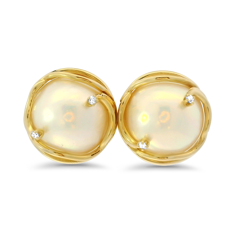 PAGE Estate Earrings Estate 14k Yellow Gold Mabe Pearl and Diamond Stud Earrings