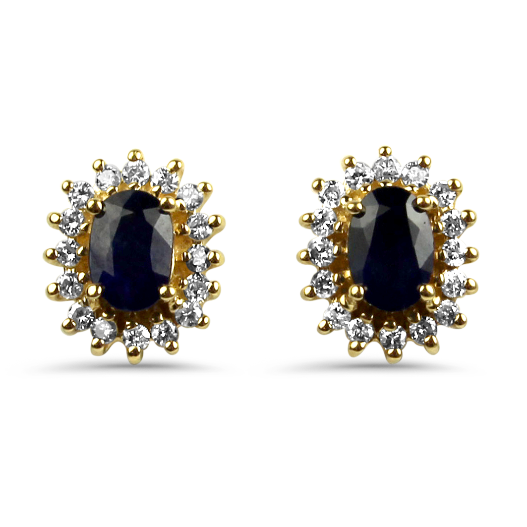 PAGE Estate Earrings Estate 14k Yellow Gold Oval Sapphire Diamond Halo Stud Earrings