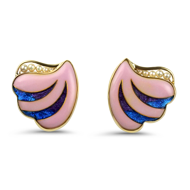 PAGE Estate Earring Estate 14K Yellow Gold Pearl Enamel Shell Stud Earrings