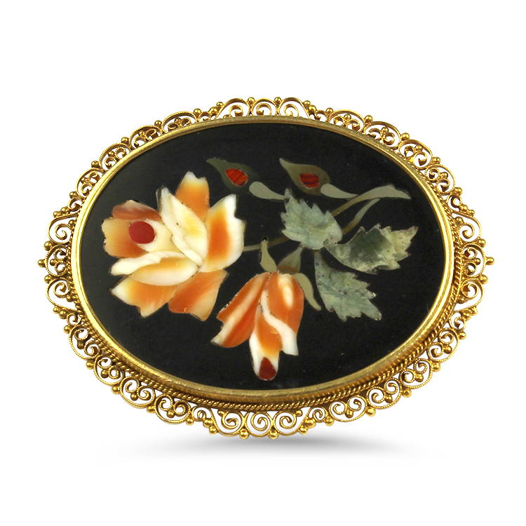 PAGE Estate Necklaces and Pendants Estate 14k Yellow Gold Pietra Dura Inlay Rose Brooch / Pendant