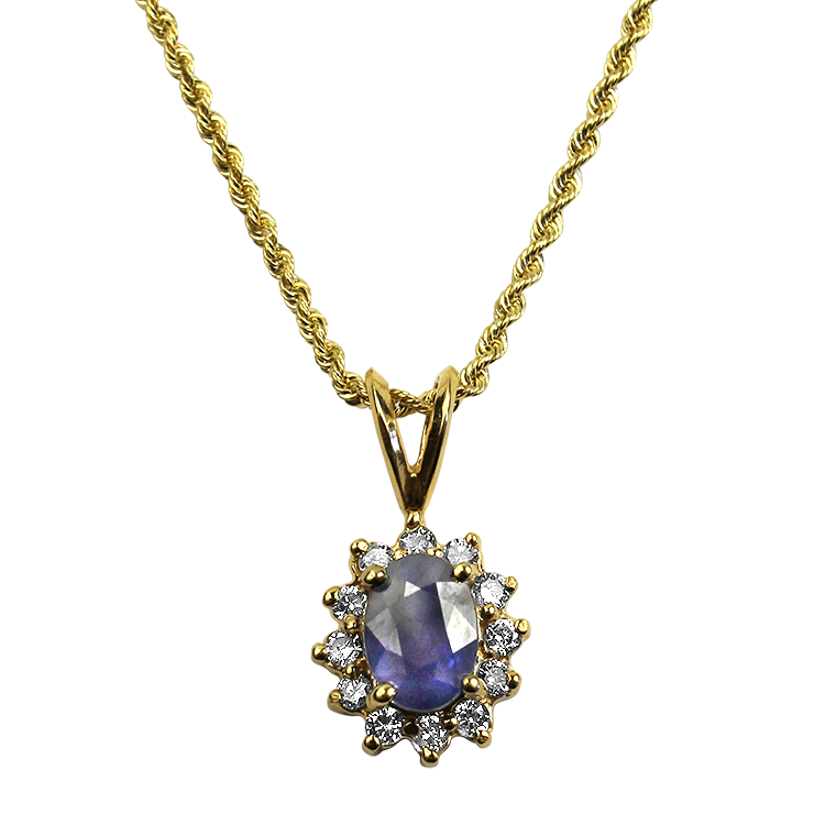 PAGE Estate Necklaces and Pendants Estate 14k Yellow Gold Sapphire & Diamond Halo Pendant Necklace