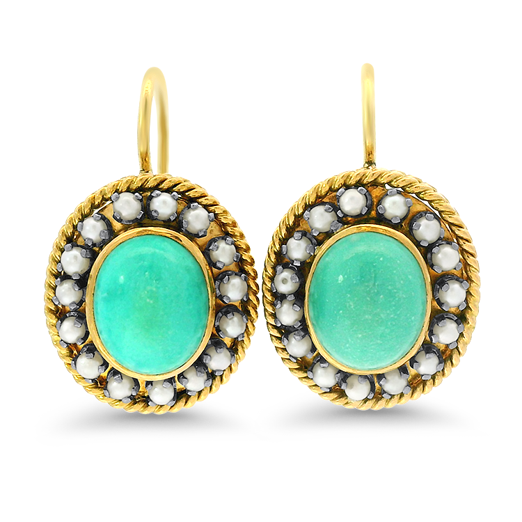 PAGE Estate Earring Estate 14k Yellow Gold Turquoise and Pearl Halo Drop Earrings