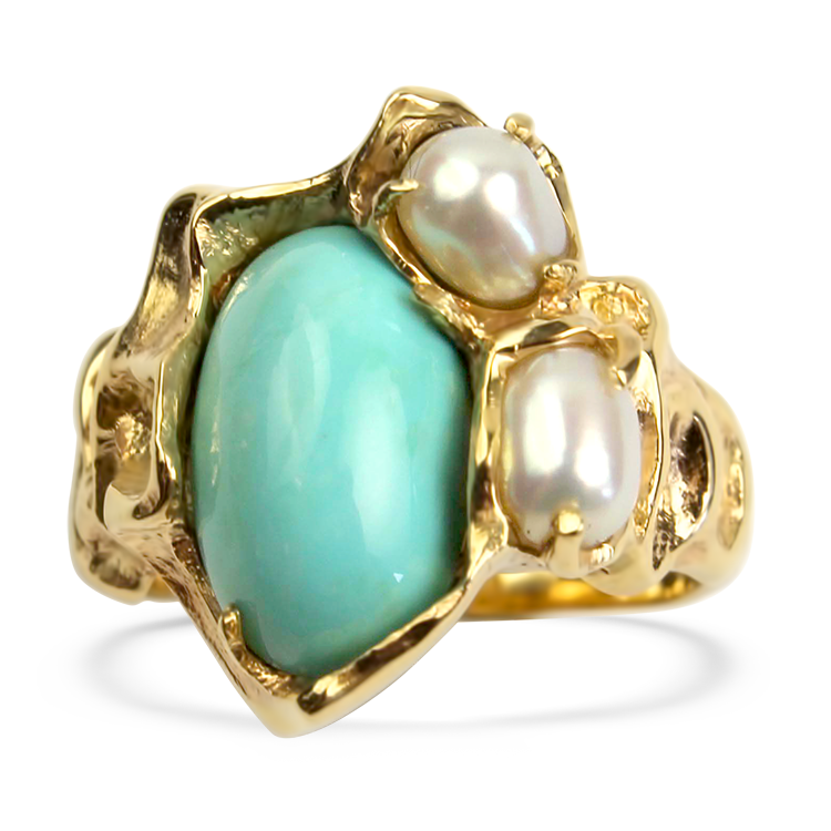 PAGE Estate Ring Estate 14K Yellow Gold Turquoise and Pearl Nugget Ring 8.25