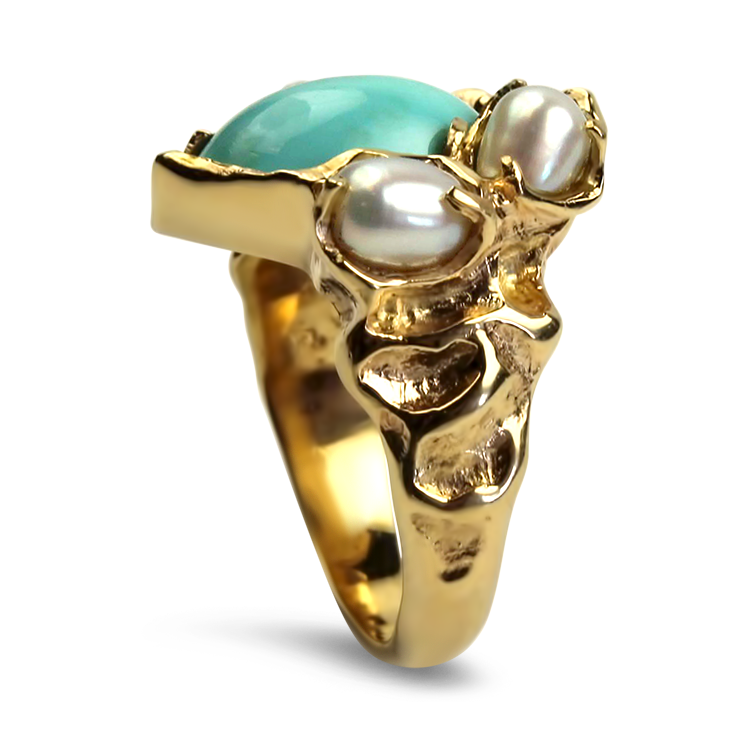 PAGE Estate Ring Estate 14K Yellow Gold Turquoise and Pearl Nugget Ring 8.25