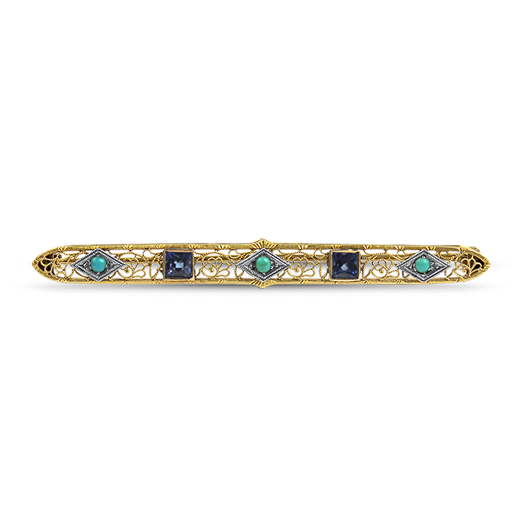 PAGE Estate Pins & Brooches Estate 14k Yellow Gold Turquoise and Synthetic Sapphire Brooch