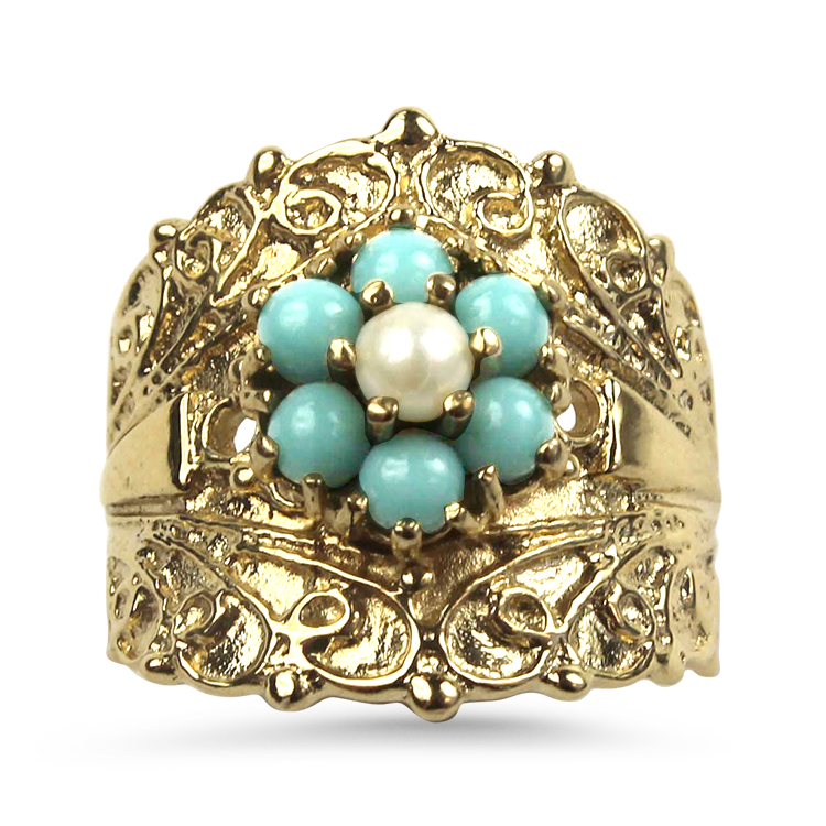 PAGE Estate Ring Estate 14k Yellow Gold Turquoise Floral Ring 7.75