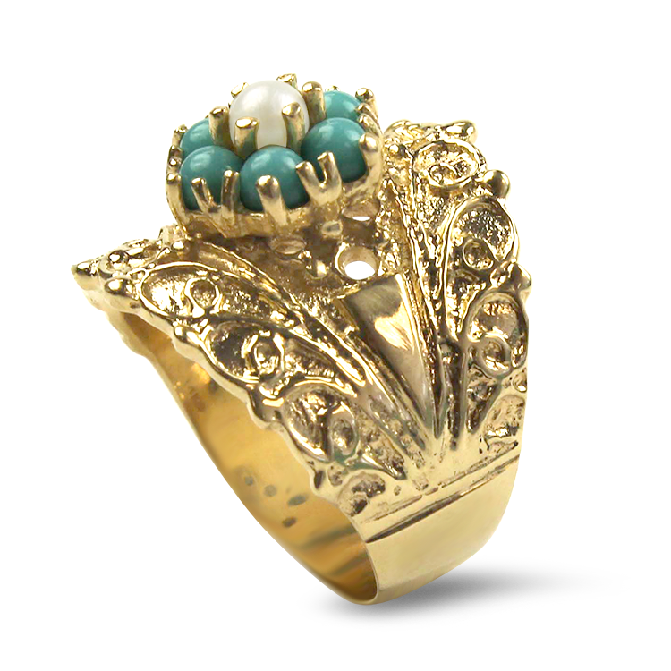 PAGE Estate Ring Estate 14k Yellow Gold Turquoise Floral Ring 7.75