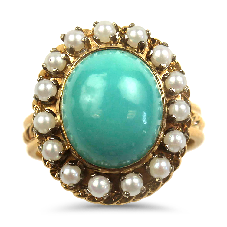 PAGE Estate Ring Estate 14k Yellow Gold Turquoise Pearl Ring 6