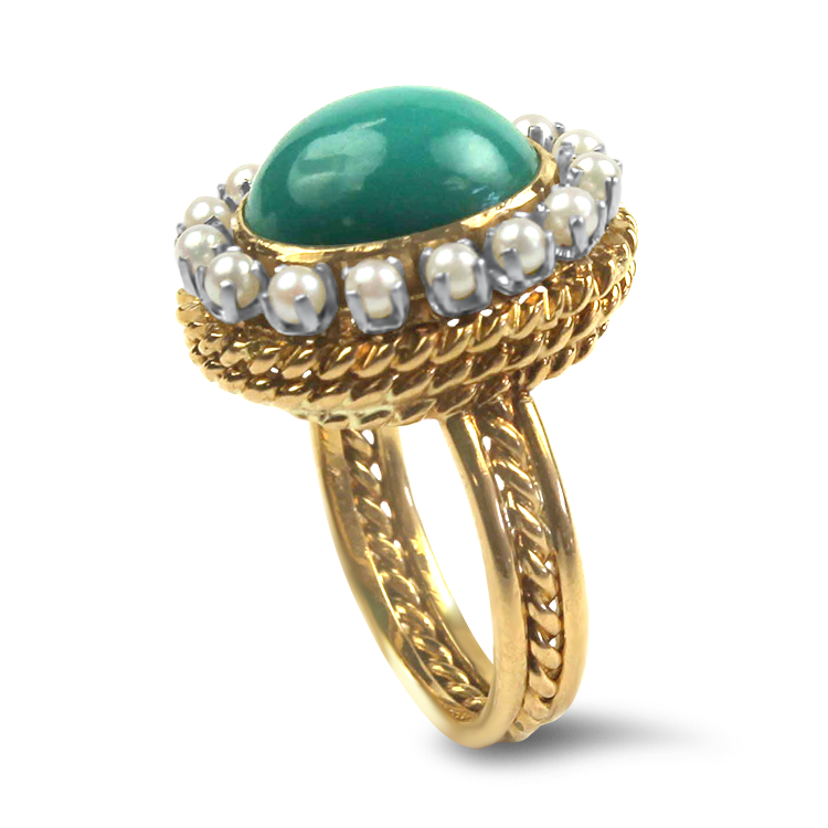 PAGE Estate Ring Estate 14k Yellow Gold Turquoise Pearl Ring 6