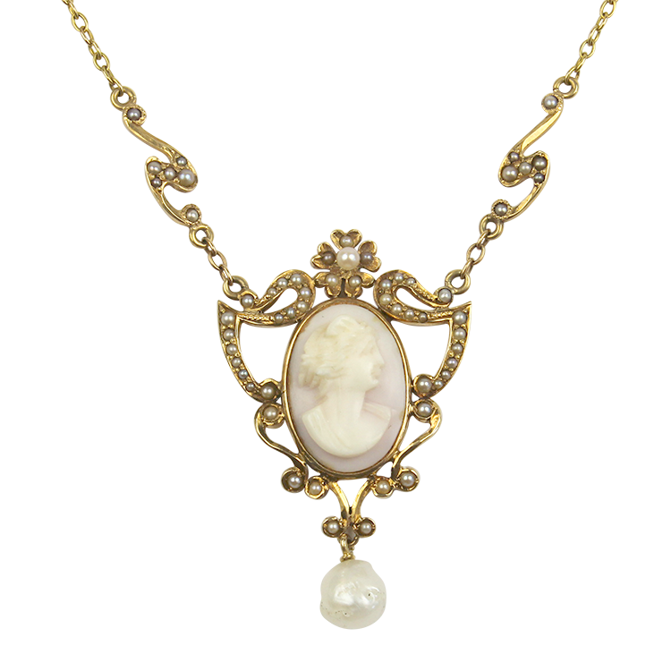 PAGE Estate Necklaces and Pendants Estate 14k Yellow Gold Victorian Cameo Pearl Necklace 16"