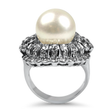 PAGE Estate Ring Estate 18K White Gold Pearl & Diamond Cocktail Ring 7.75