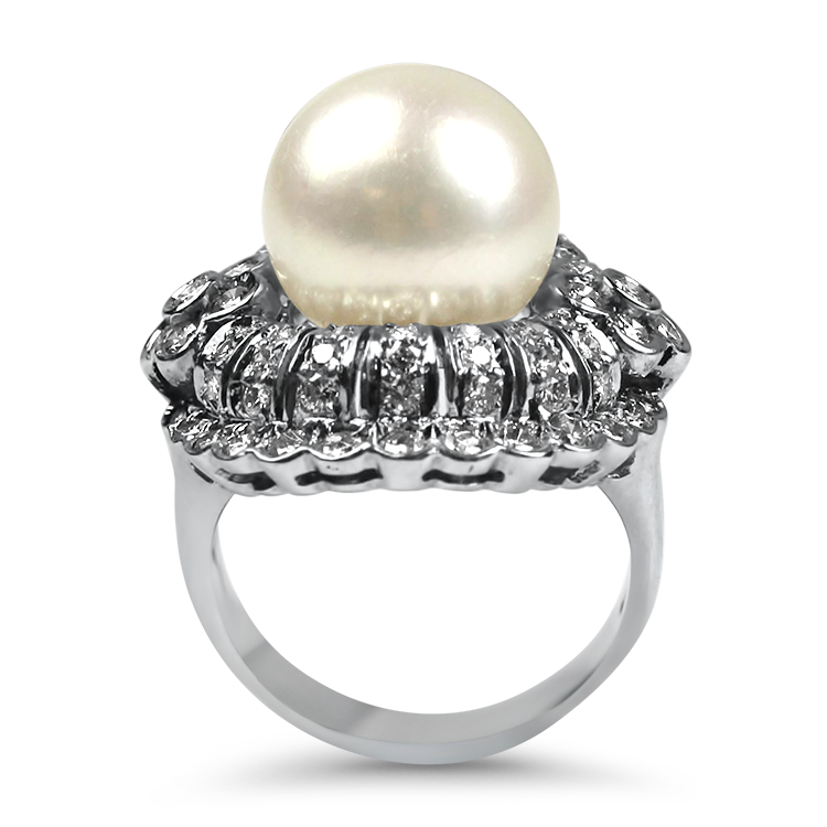 PAGE Estate Ring Estate 18K White Gold Pearl & Diamond Cocktail Ring 7.75