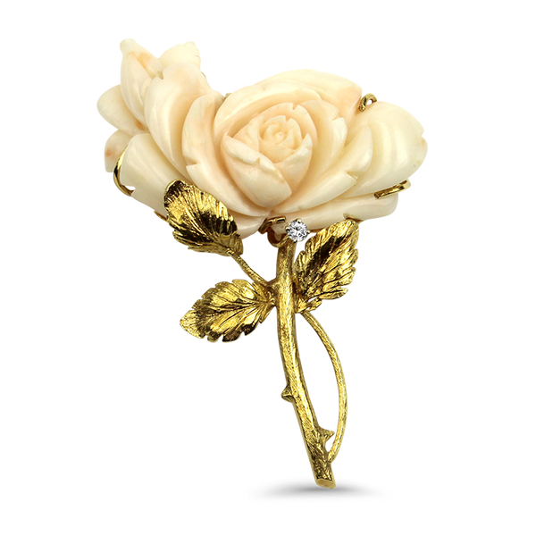 Vintage Brooch MAMSELLE Carved Rose Faux Coral 3-D Flower high quality Crystals Textured Goldtone Metal